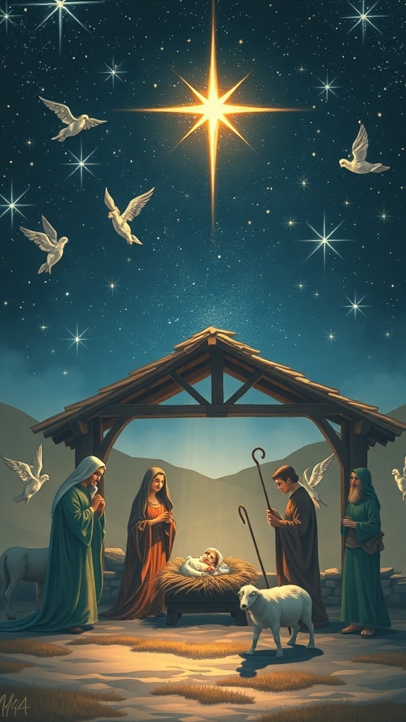 Nativity scene with Mary, Joseph, and baby Jesus, surrounded by angels and shepherds under a starry sky.